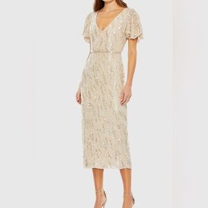 Mac Duggal Midi Sheath Dress Sequined V Neck Beige Size 4 new with tags read